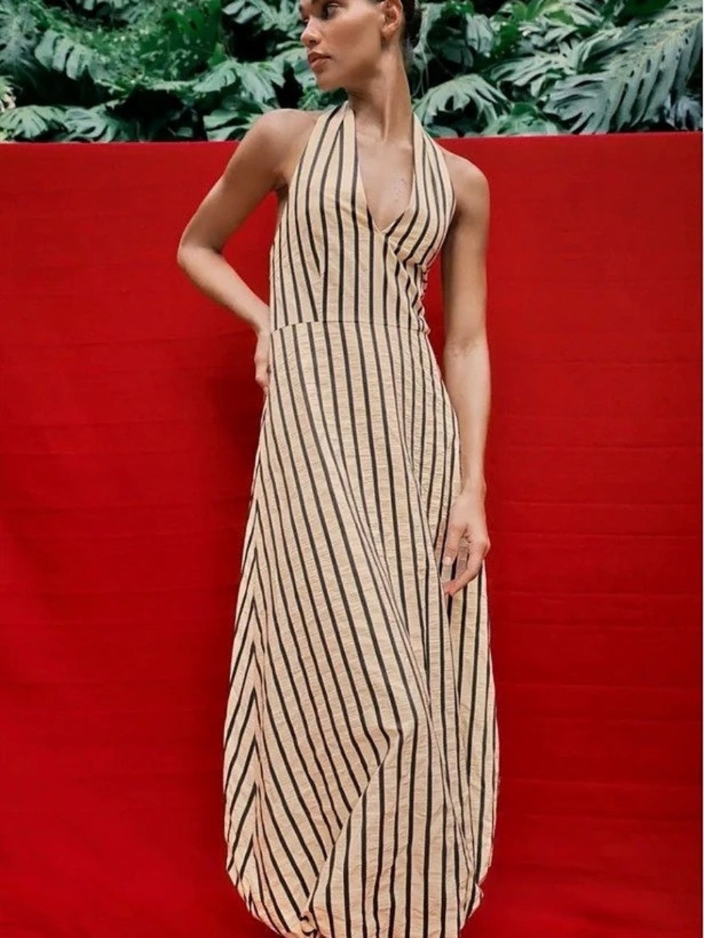 Zara Striped Halter Maxi Dress in Beige & Black
